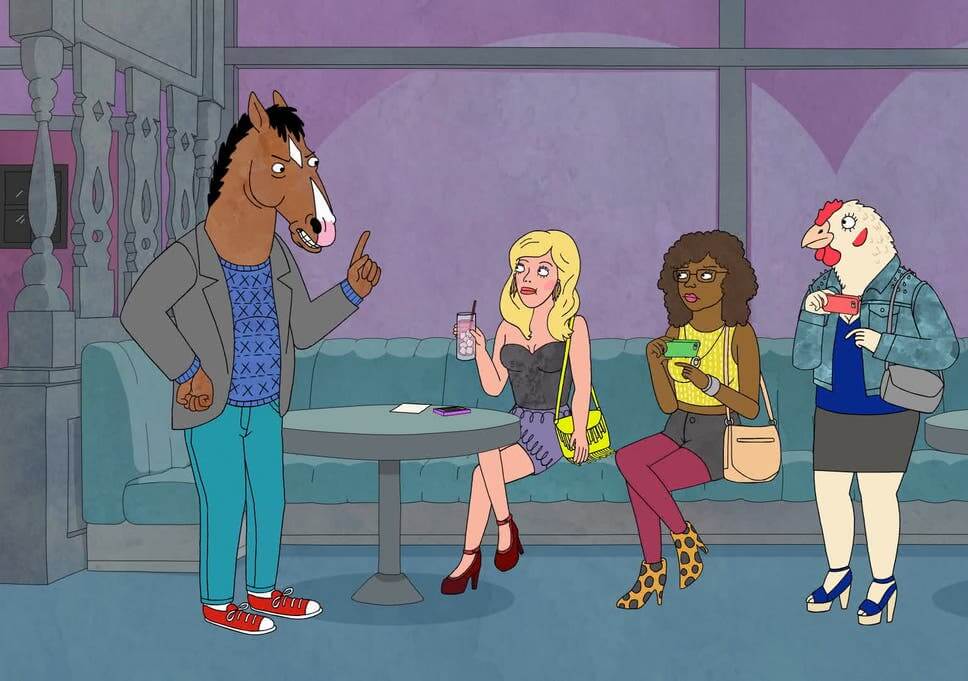 Karakter kuda BoJack Horseman sedang memarahi dua orang wanita dan satu karakter ayam putih